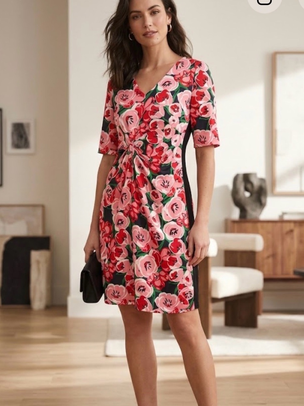 Lesley Evers Small Floral Poppy Dress Twist Waist Colorblock Dress Size xs